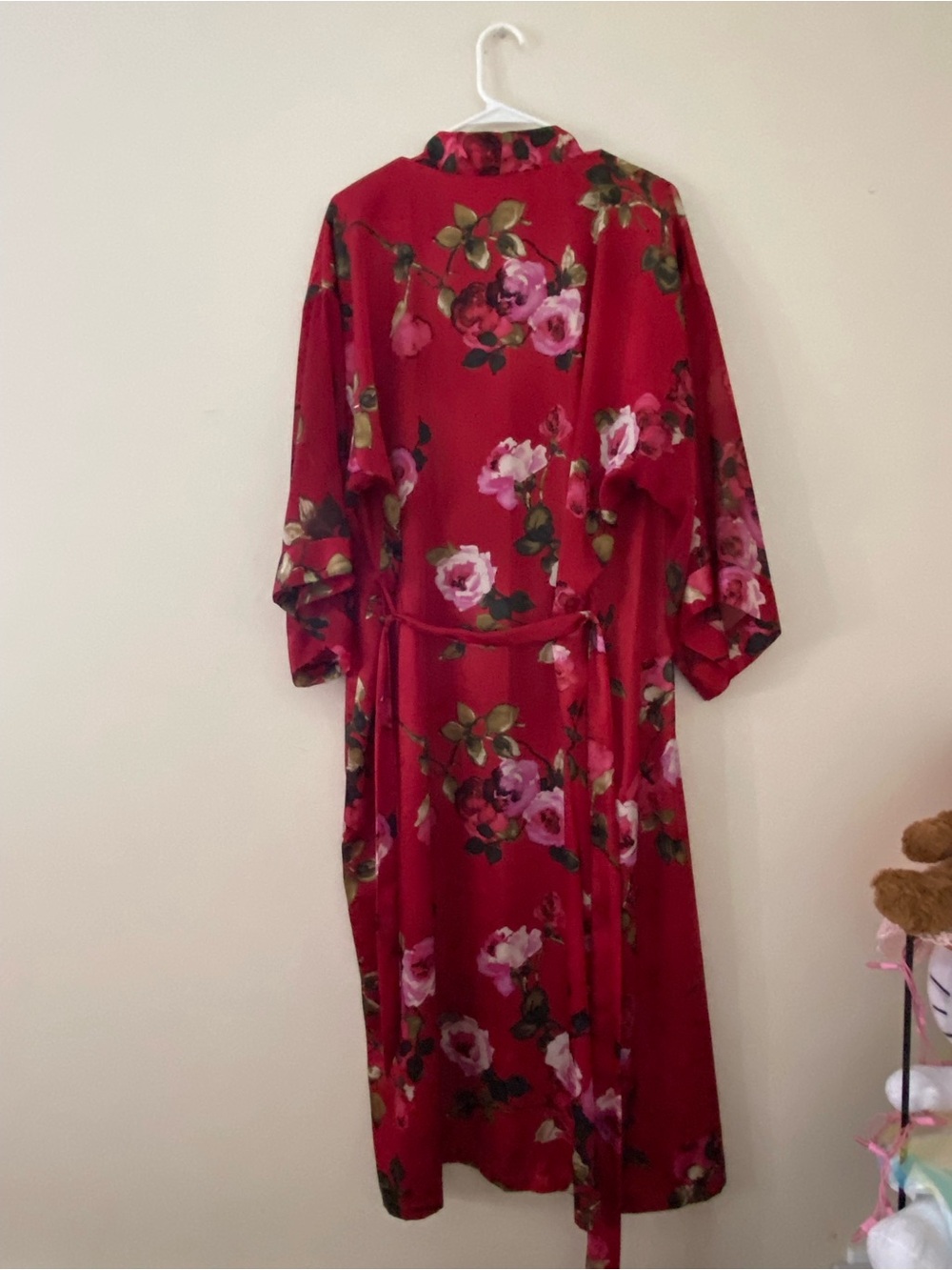 Vintage Floral feminine Satin Red Kimono Robe with sheer sleeves size Large - Picture 10 of 10